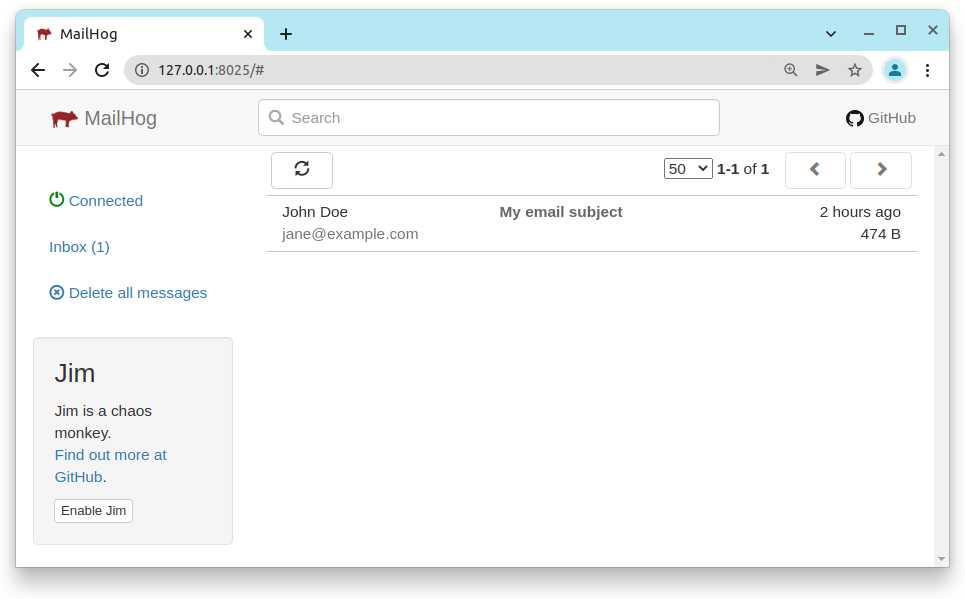 The Mailhog Web UI showing one plain text email received.